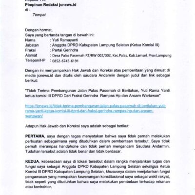 Berikut Hak jawab dan koreksi dari Ketua Komisi III yuti Rama Yanti DPRD LamSel