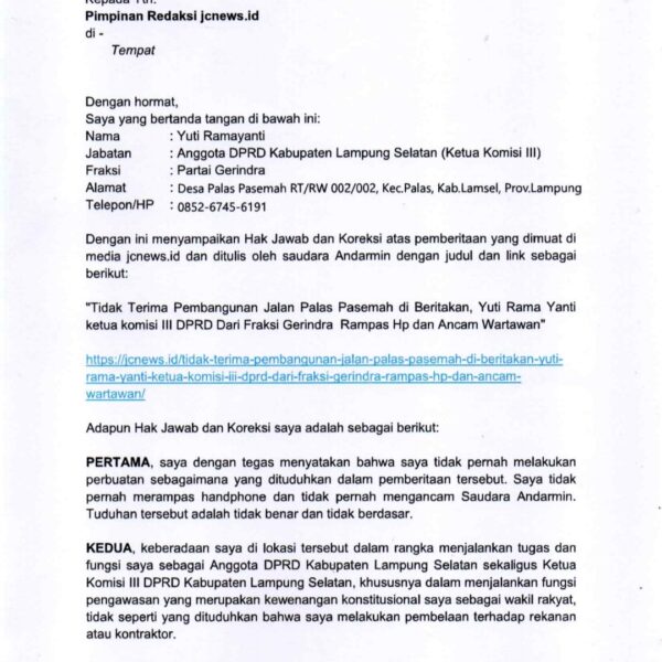 Berikut Hak jawab dan koreksi dari Ketua Komisi III yuti Rama Yanti DPRD LamSel