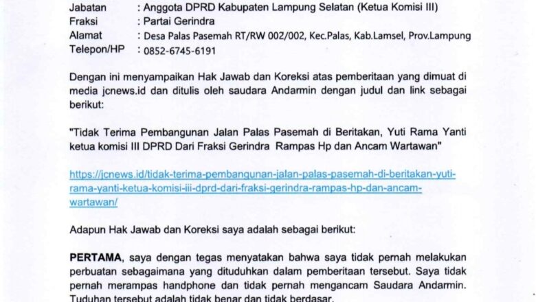 Berikut Hak jawab dan koreksi dari Ketua Komisi III yuti Rama Yanti DPRD LamSel