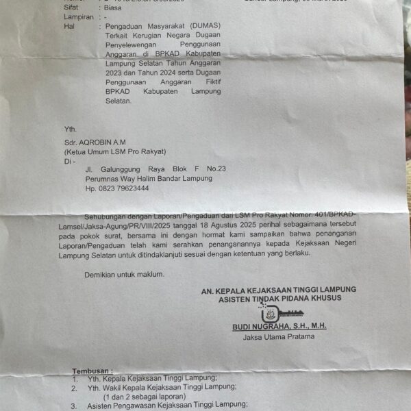 Kini Giliran Kejari Lamsel Buktikan Nyali, LSM PRO RAKYAT Desak Tindak Tegas Dugaan Korupsi BPKAD