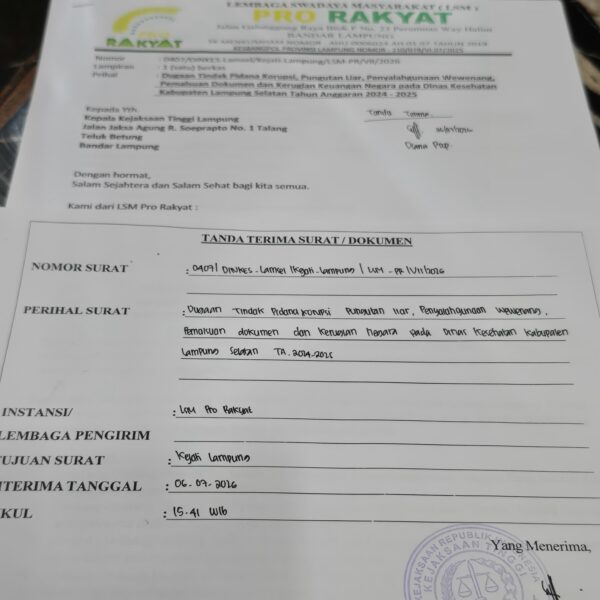 LSM PRO RAKYAT Laporkan Dugaan Korupsi Dinas Kesehatan Lampung Selatan ke Kejati Lampung, Desak Kepala Dinas Diperiksa